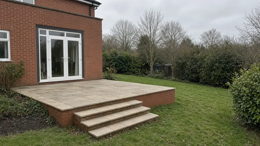 Example image: a raised sandstone patio outside French doors, with a brick edge and three wide steps down to the lawn