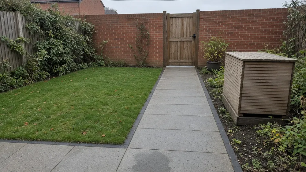 Example image: a straight grey slab path across a back garden to a gate in a brick wall