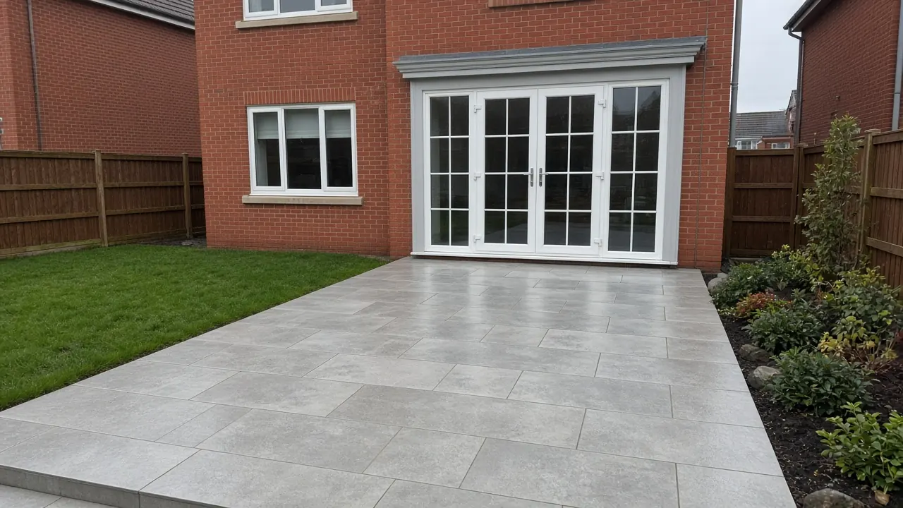 Example image: a light grey porcelain patio outside white French doors on a red-brick house