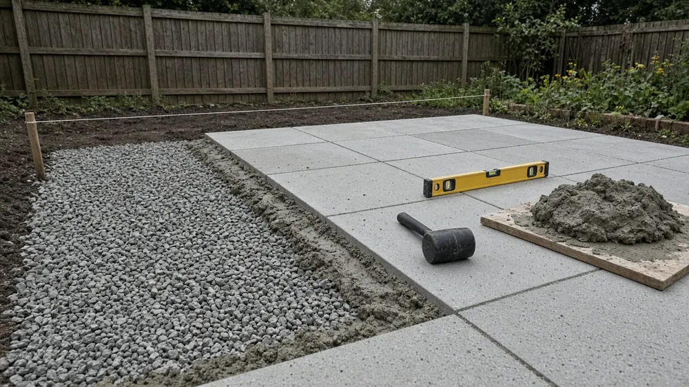 Example image: patio slabs being bedded on mortar over a compacted stone sub-base, with a mallet and spirit level