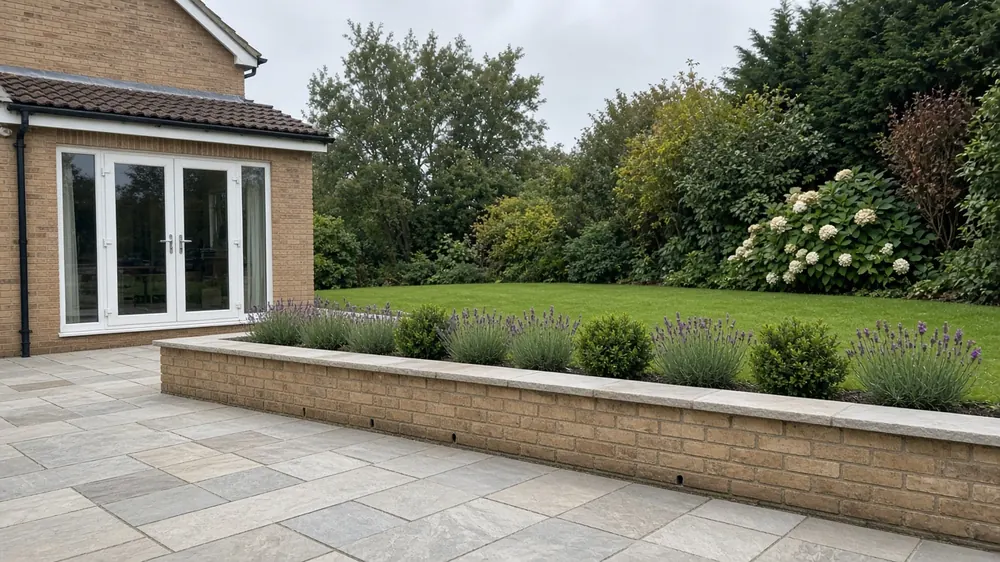 Example image: a buff-brick retaining wall with a stone coping beside a grey sandstone patio at a detached house in Nunthorpe